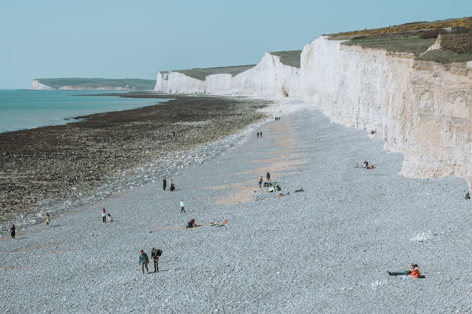 A coastal scene featuring white chalk cliffs rising steeply from a pebbled beach where several groups of people are scattered, some sitting or lying on the stones, and others walking along the shoreline. Near the foot of the cliffs, a few individuals appear to be engaging in activities such as carrying or arranging items on the ground, suggesting a casual day at the seaside. The beach is strewn with small, rounded pebbles and larger rocks, with clothing and belongings spread out around sunbathers. A scenic backdrop of the ocean extends toward the horizon, with calm, light blue waters meeting the sky. The image captures the natural environment with minimal human-made elements, emphasizing the outdoor leisure atmosphere, suitable for an article about home relocation or moving logistics, where careful handling of belongings is essential, and showcasing the importance of professional removal services like those provided by Man with Van Seven Sisters.