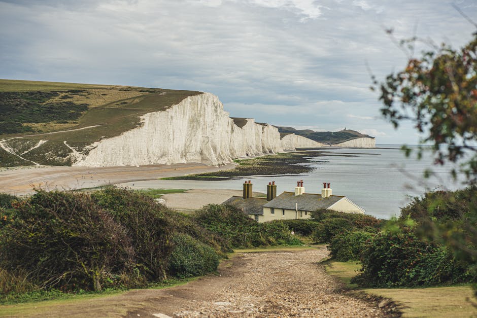 A gravel pathway leading down a gentle slope towards a seaside view featuring a house with multiple chimneys, surrounded by green shrubbery and trees. The house is positioned near the water with a calm shoreline, and in the background, prominent white chalk cliffs extend along the coast under a partly cloudy sky. The scene depicts a peaceful coastal residential area, with no visible moving equipment or furniture, but the setting is suitable for house removals and furniture transport by services such as Man with Van Seven Sisters, especially when considering logistics for home relocation near scenic coastal locations.