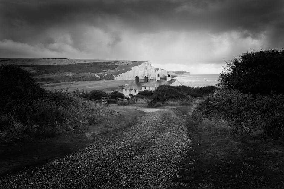 Black and white photograph depicting a rural coastal scene with a unpaved gravel pathway leading towards a small cluster of white houses with chimneys, situated near the shoreline. Tall bushes and grasses border both sides of the path, which appears to be part of a countryside property or access route. In the background, high white chalk cliffs rise prominently against a dark, stormy sky filled with dense clouds. The lighting highlights the texture of the gravel and the contours of the cliffs, creating a dramatic atmosphere. This scene captures a quiet, rural environment, relevant to house removals or moving services in seaside or countryside locations, such as navigating narrow, rough terrain during home relocations, with natural elements like foliage, building structures, and landscape features clearly visible. Man with Van Seven Sisters may occasionally operate in such scenic areas, providing professional transportation and packing services for relocations near coastal cliffs.