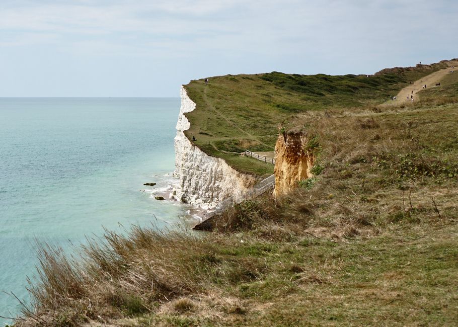 A view of the Seven Sisters cliffs along the coast, featuring white chalk rock faces descending sharply into the sea. The cliffs are topped with green grass and appear to be part of a walking trail where several people are visible in the distance, enjoying the scenic landscape. The coastline includes a wooden fence running along the edge of the cliffs and a narrow pathway bordered by grassy areas. The sea is a calm, light turquoise color, extending to the horizon under a partly cloudy sky. This natural coastal environment highlights the rugged beauty of the Seven Sisters area, often visited during home relocation or sightseeing trips. The image captures the contrast between the steep white chalk cliffs, the lush greenery, and the tranquil sea, providing a picturesque backdrop suitable for illustrating the scenic routes or outdoor services related to house moves or scenic transport in the region.